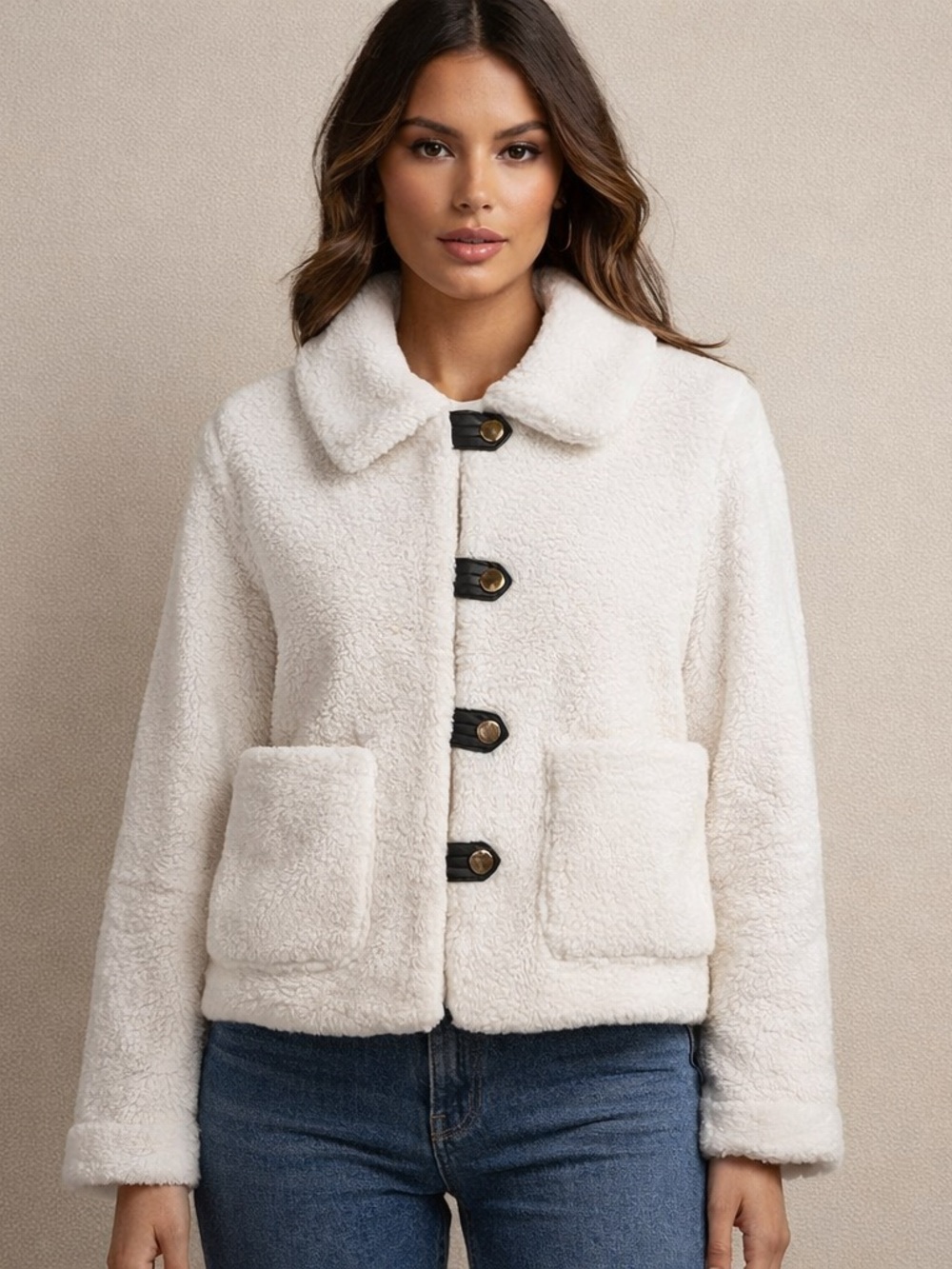 Blu Pepper Cream Sherpa Jacket with Toggle Details